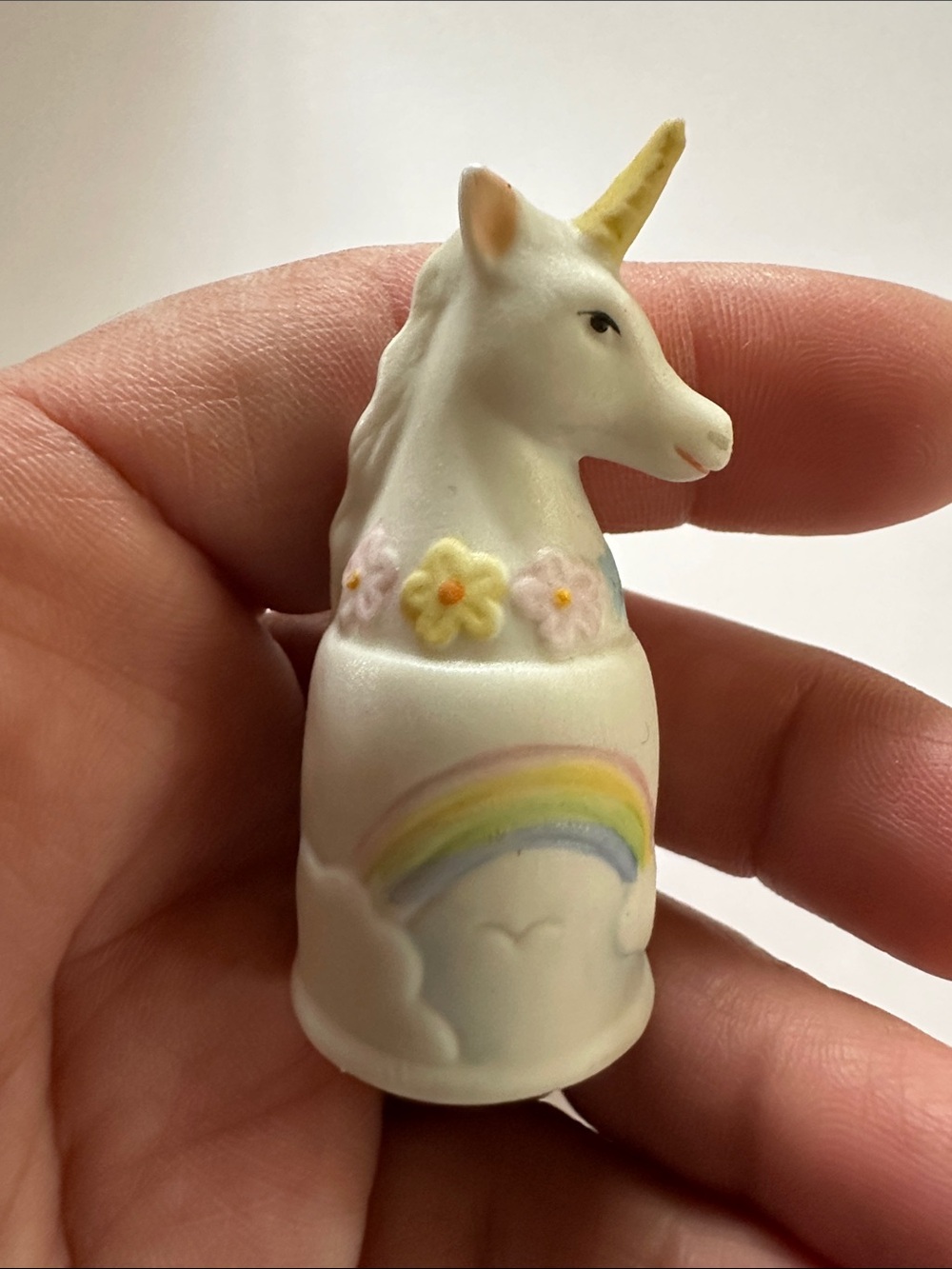 Enesco Bisque Unicorn Thimble with Rainbow and Flowers 2 1/8" tall